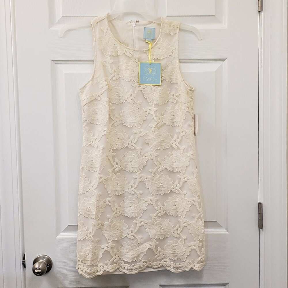 CeCe, NWT, New Ivory, sleeveless lined lace embroidered A-line dress, SZ 4